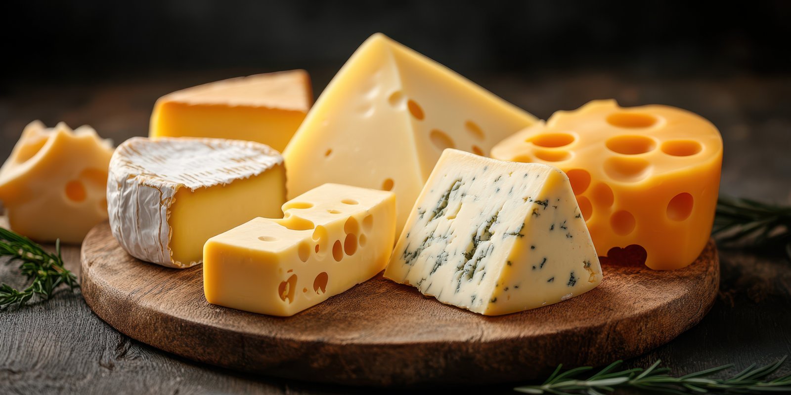 Assorted cheese varieties displayed on a wooden board with herbs for a gourmet tasting experience